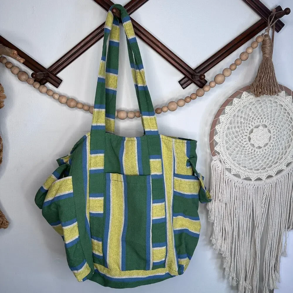 Free People Oksana Oversized Green Yellow Blue Stripe Tote Bag